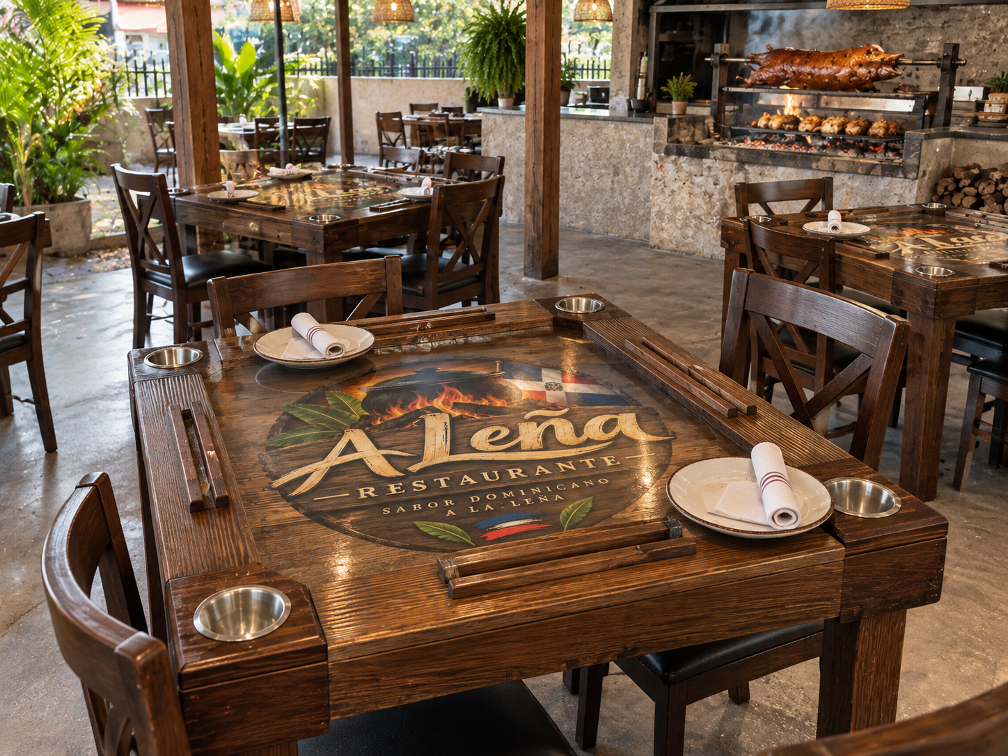 square stained-wood A Leña dining table with the restaurant logo under a clear finish, corner cup holders and domino rails, in a covered patio with a roasting station behind
