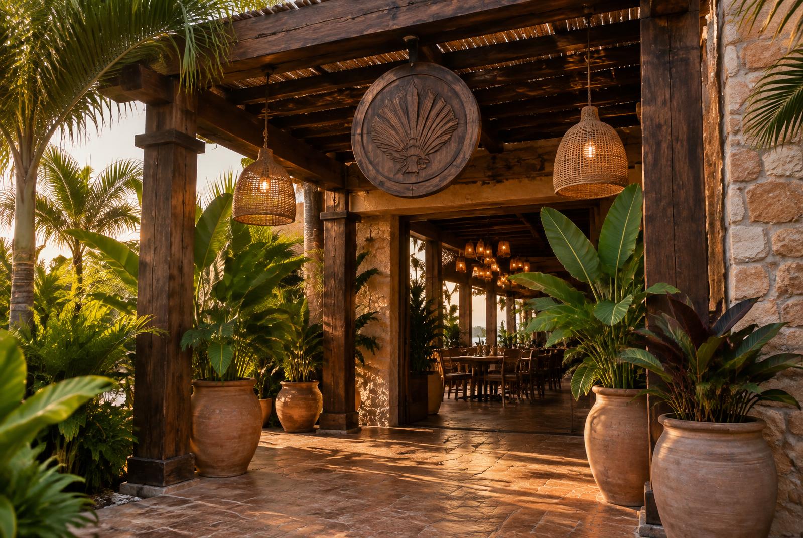 covered entrance with heavy wood beams, woven pendant lights, palms and terracotta planters at golden hour