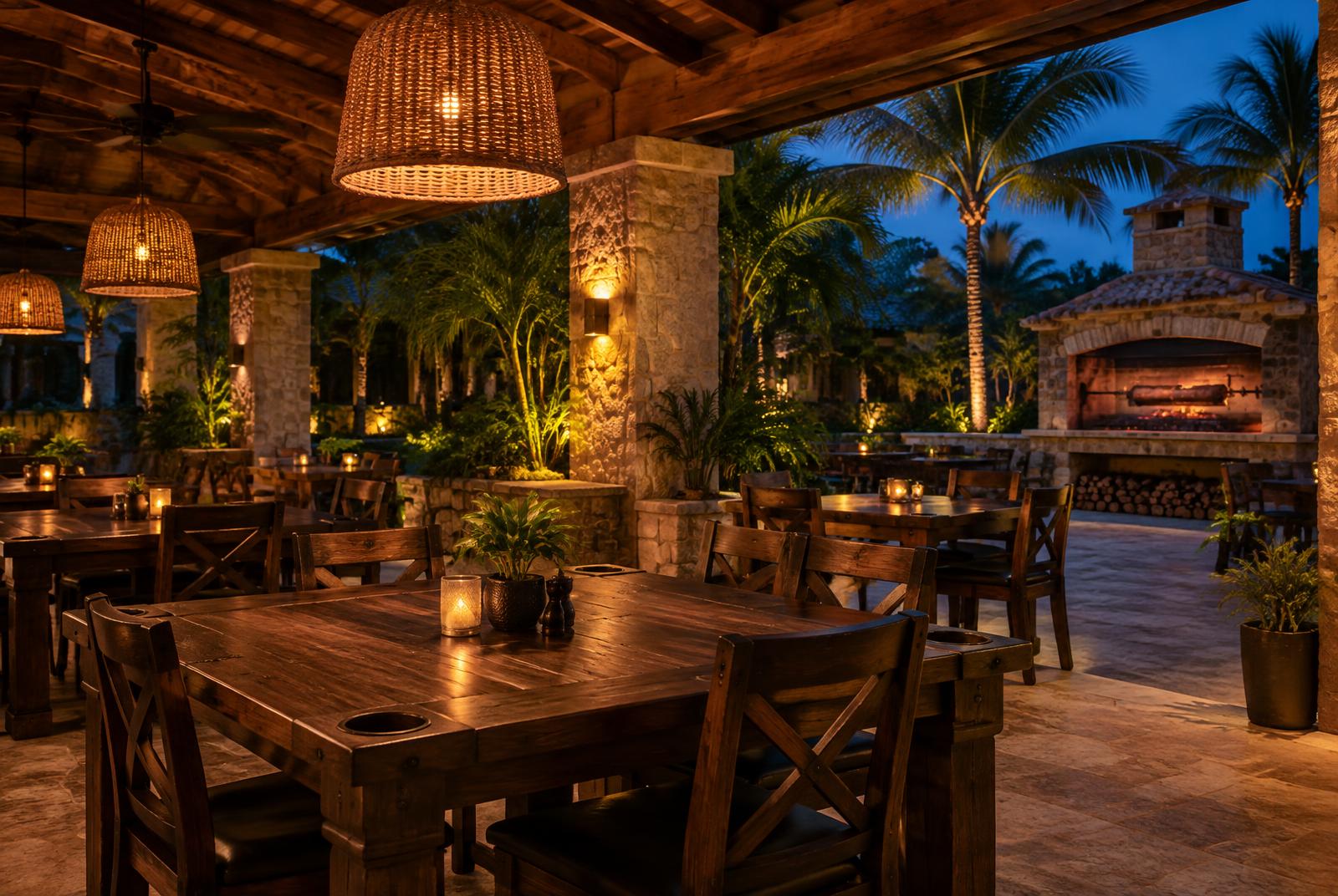 the patio at dusk with glowing woven lamps and the courtyard hearth glowing in the distance